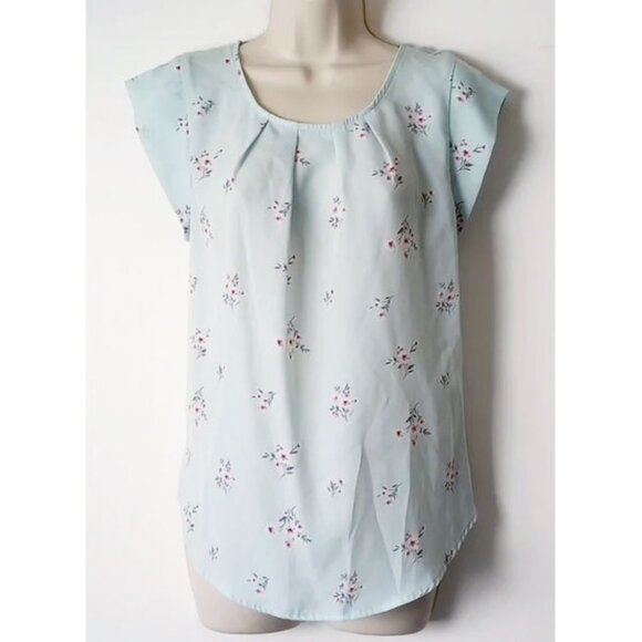 Sweet Rain Tops - Sweet Rain Pleated Sleeveless Blouse M Light Blue Floral